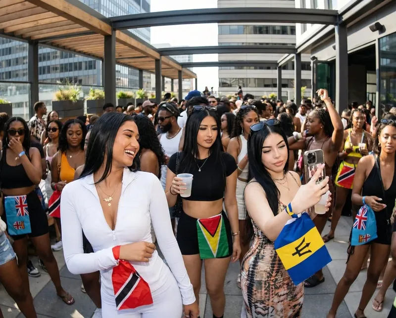Crowd taking selfies at a Soca Forever rooftop fete in downtown Toronto