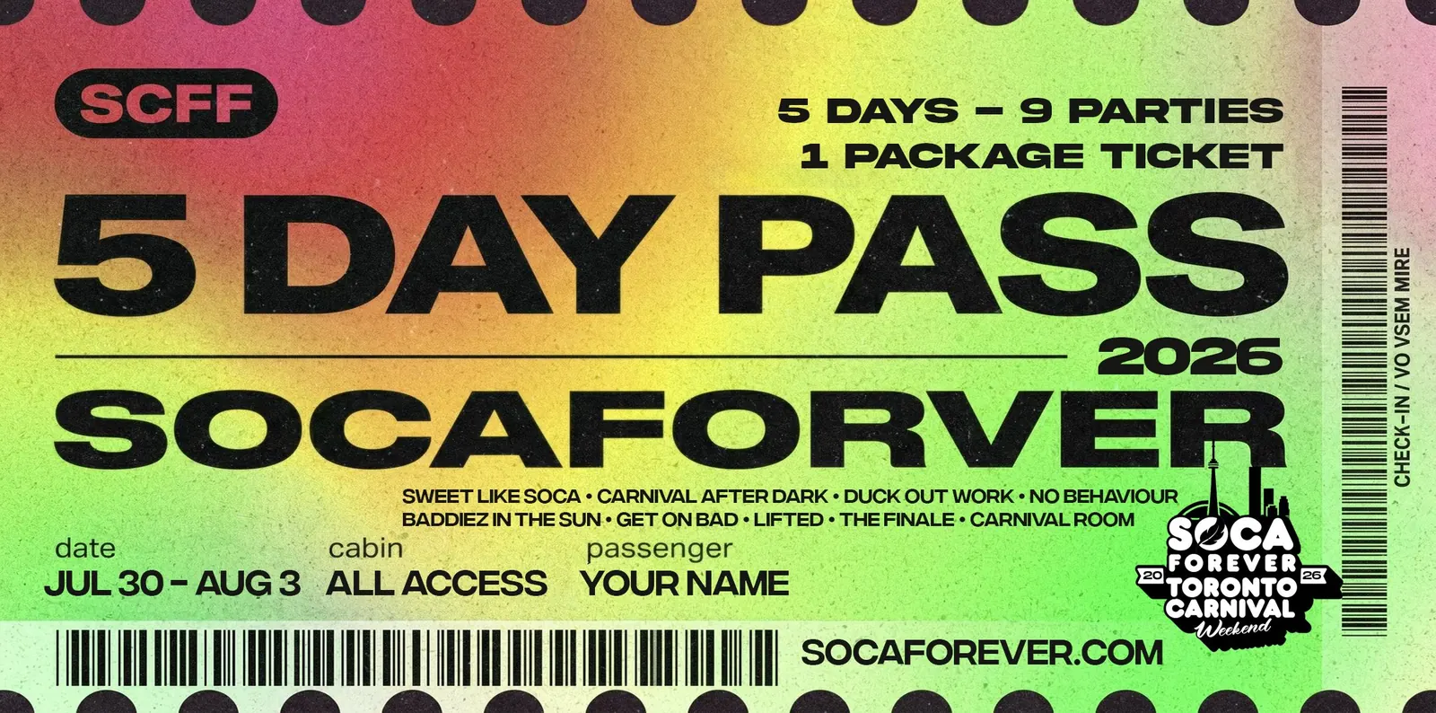 Soca Forever Weekend Pass — all 9 fetes, July 30 to August 3, 2026